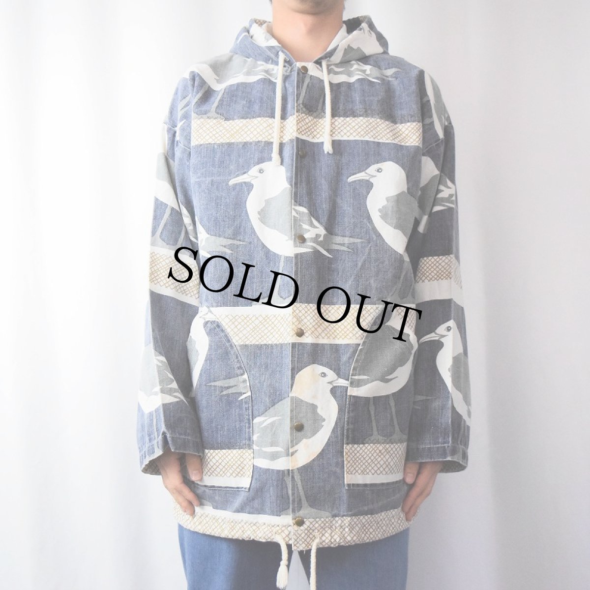 画像2: 90's MICHIGAN RAG CO. USA製 カモメ柄 コットンパーカー NAVY S/M (2)