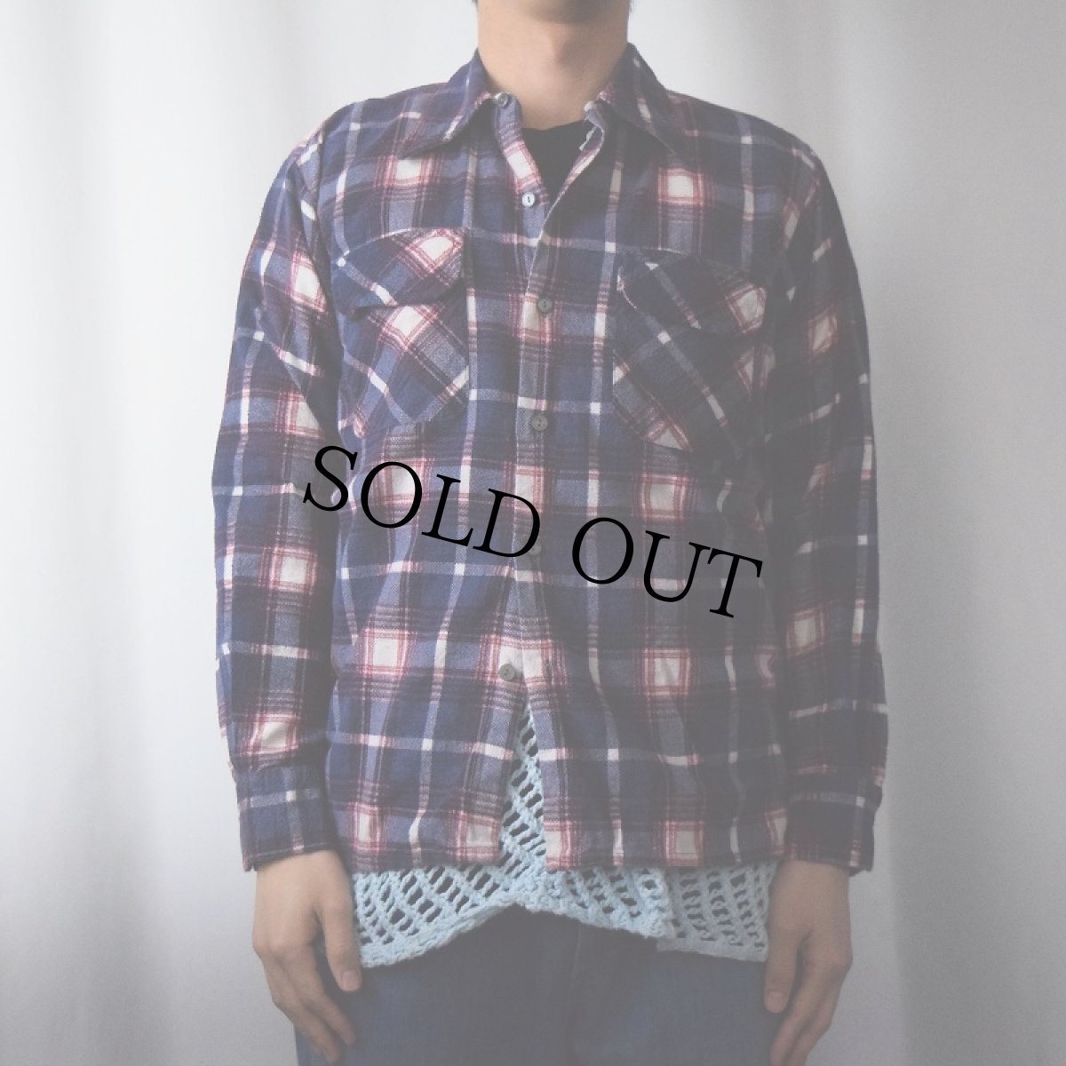 画像2: 70's AHM チェック柄 プリントネルシャツ NAVY M (2)