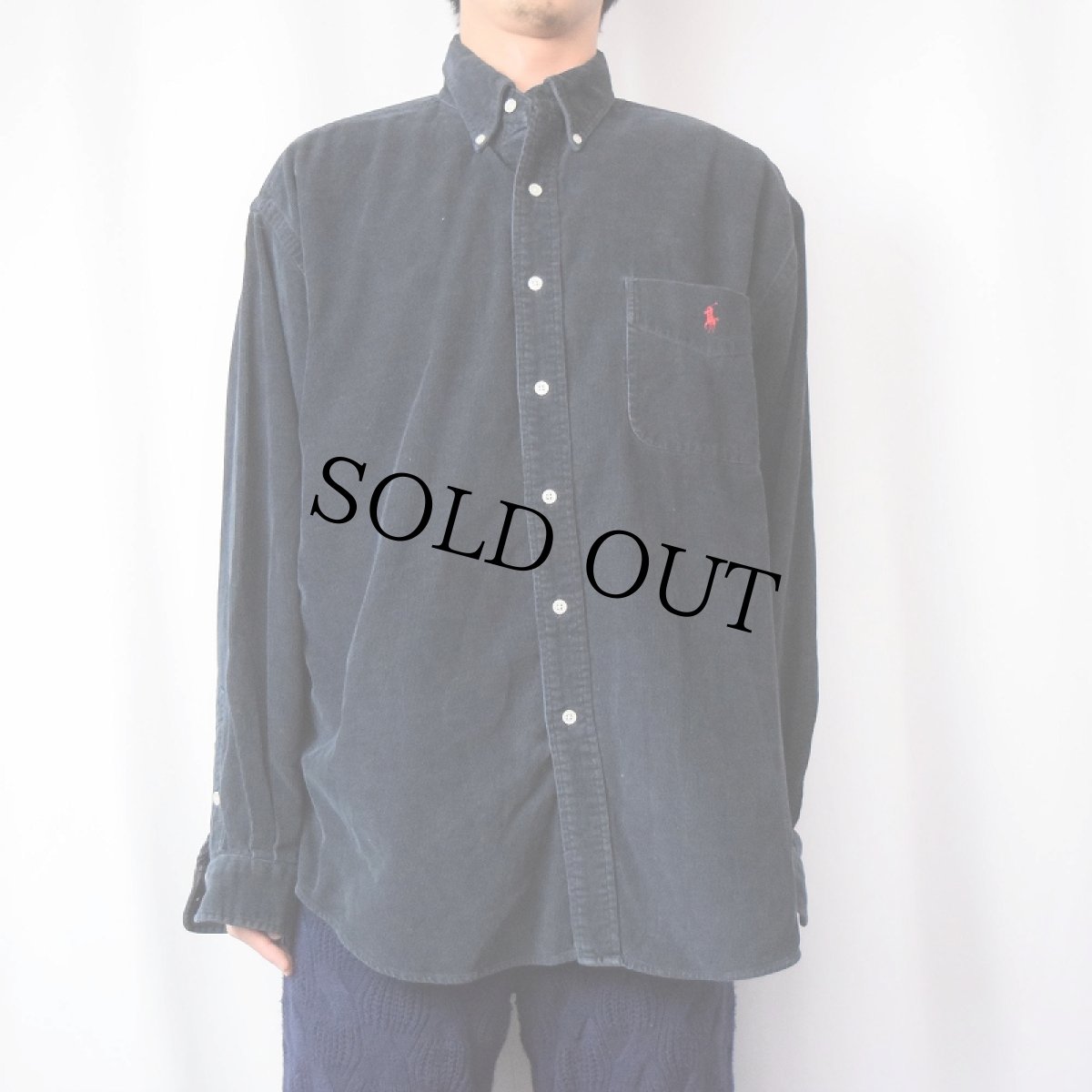 画像2: POLO Ralph Lauren "BIG SHIRT" ロゴ刺繍 ボタンダウン コーデュロイシャツ BLACK L (2)