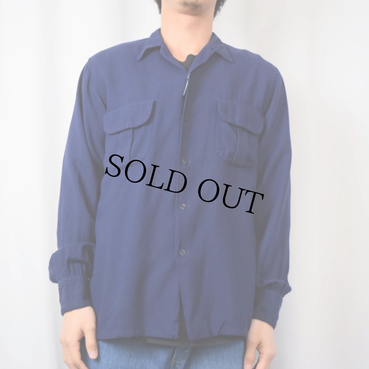 画像2: 50〜60's CREST WOOD オープンカラー レーヨンシャツ NAVY M (2)