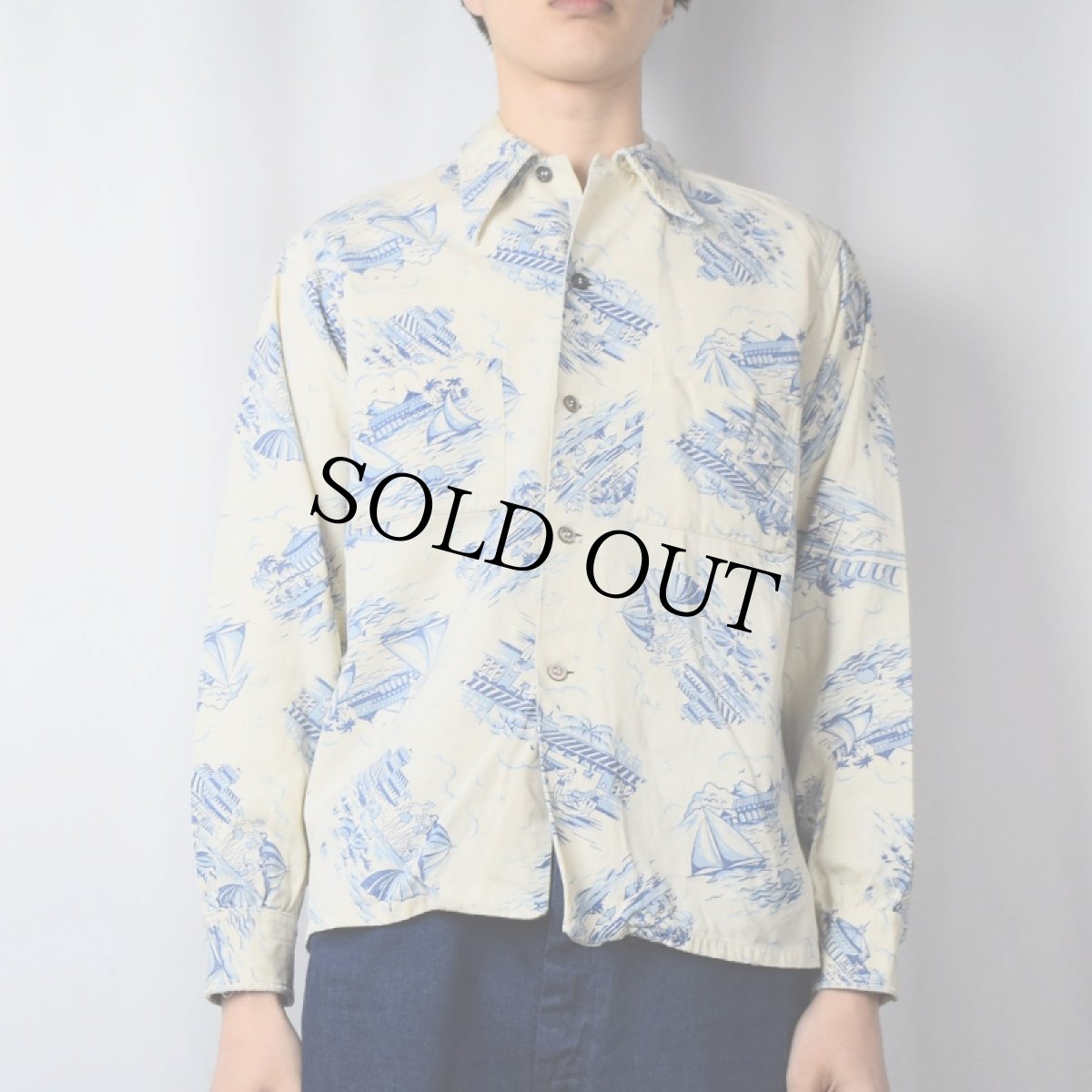 画像2: 40〜50's オールオーバーパターン コットン 長袖ハワイアンシャツ (2)