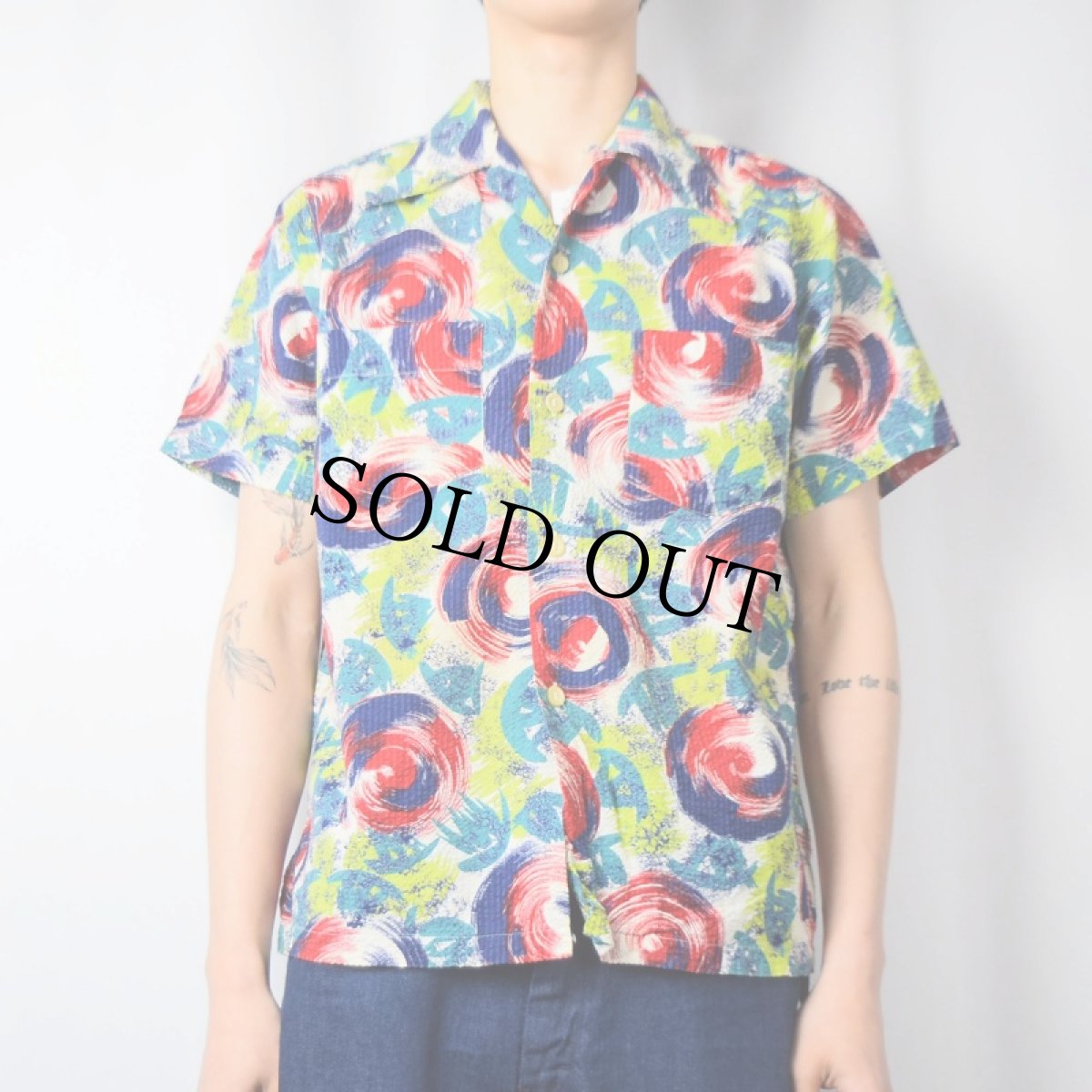 画像2: 50's PENNEY'S 総柄 シアサッカーオープンカラーシャツ M (2)