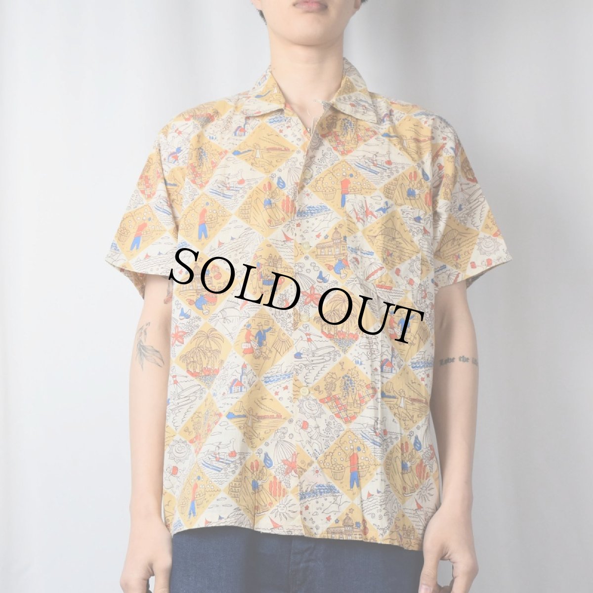 画像2: 50's Pilgrim 総柄コットンオープンカラーシャツ L (2)