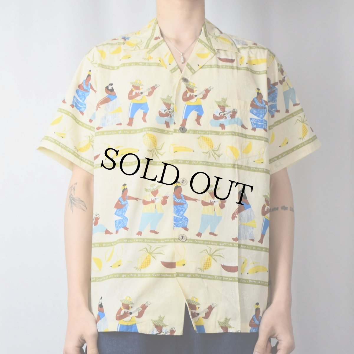 画像2: 50's ANDRADE 古銭ボタン ロコダンサー柄 コットンハワイアンシャツ (2)