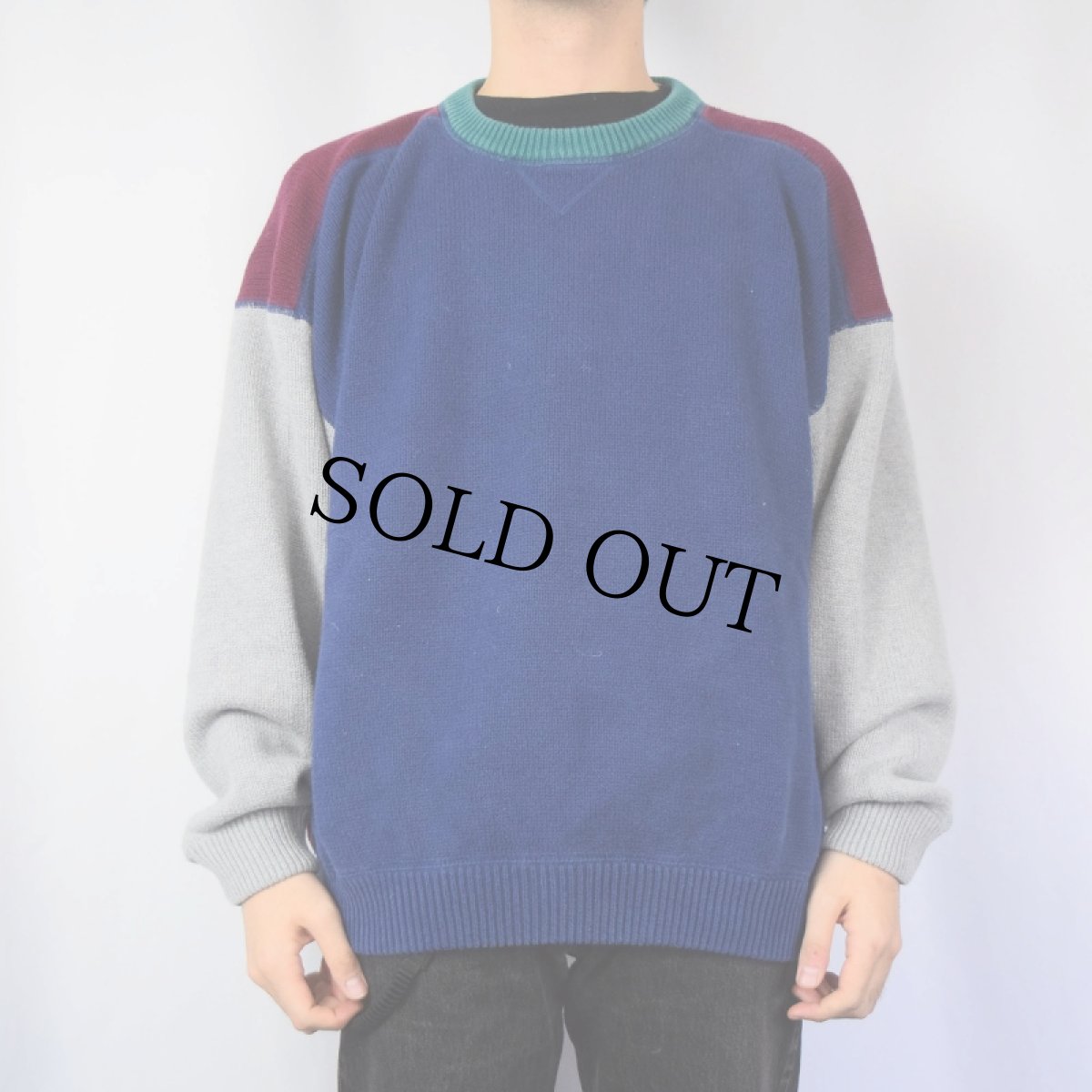 画像2: 80〜90's Eddie Bauer 前V クレイジーパターン コットンニットセーター XL (2)