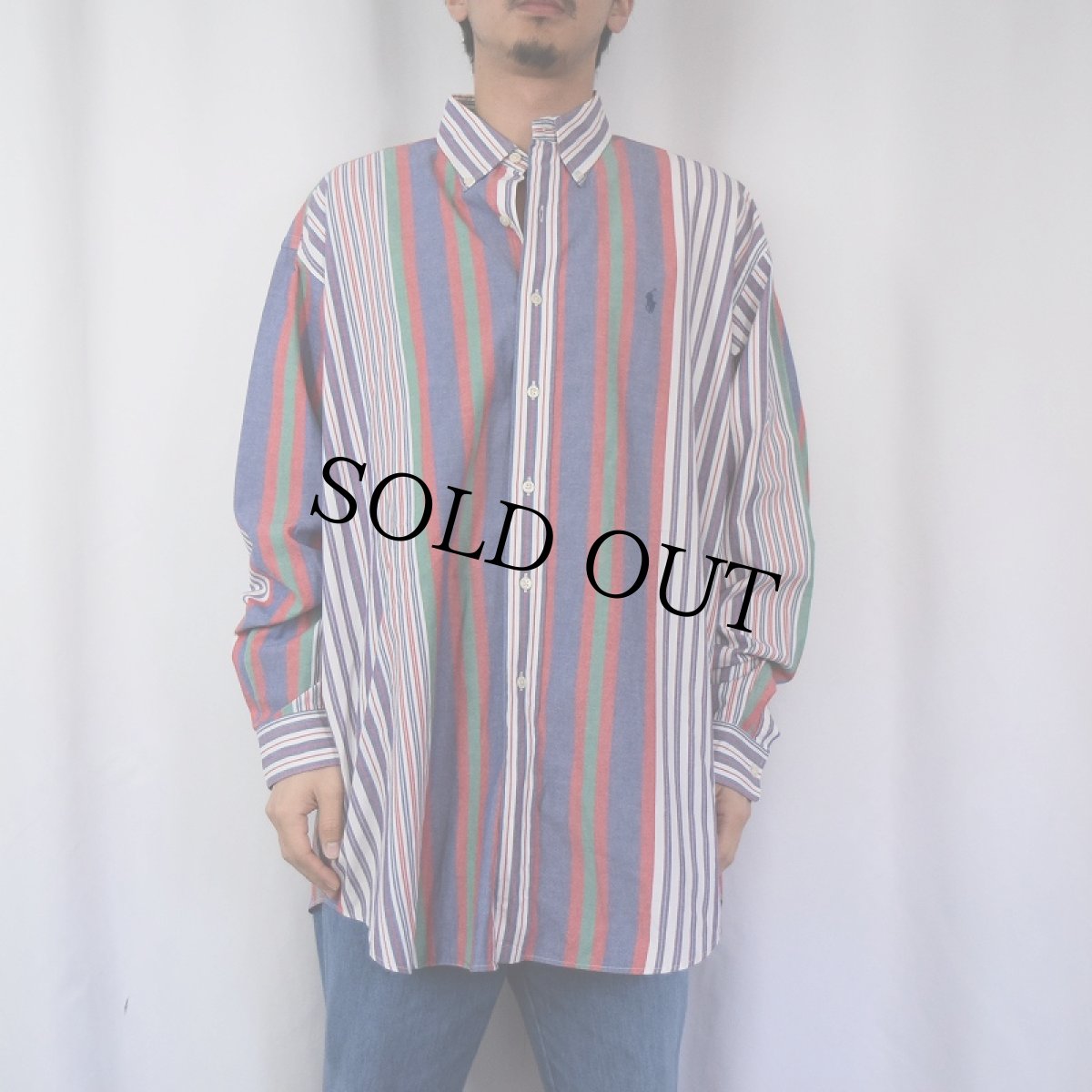 画像2: POLO Ralph Lauren "BIG SHIRT" マルチストライプ柄 ボタンダウンシャツ L (2)