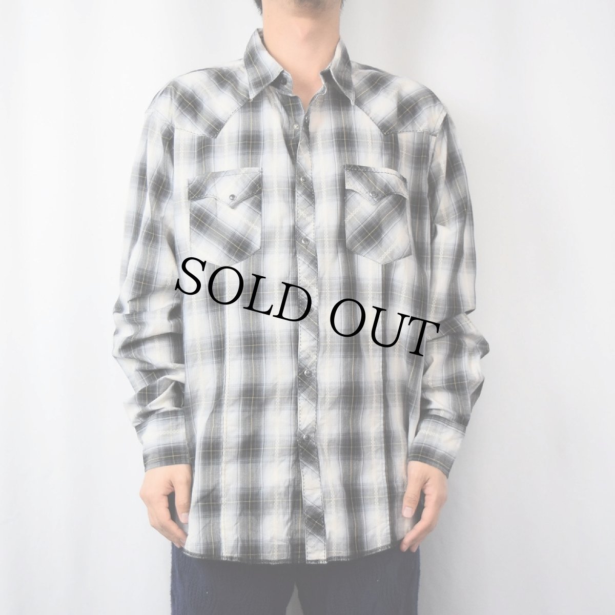 画像2: 90's Wrangler オンブレーチェック柄 × 織り柄 コットンポリウエスタンシャツ XL (2)