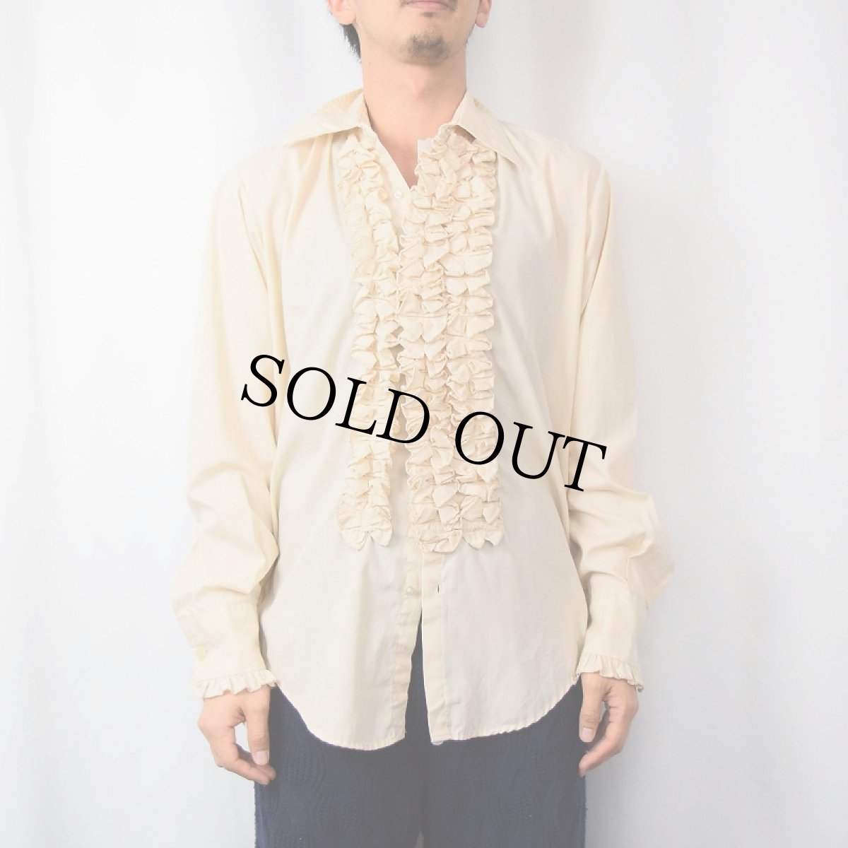 画像2: 70's CRYSTAL FORMAL WEAR USA製 フリルデザイン コットンポリシャツ M (2)