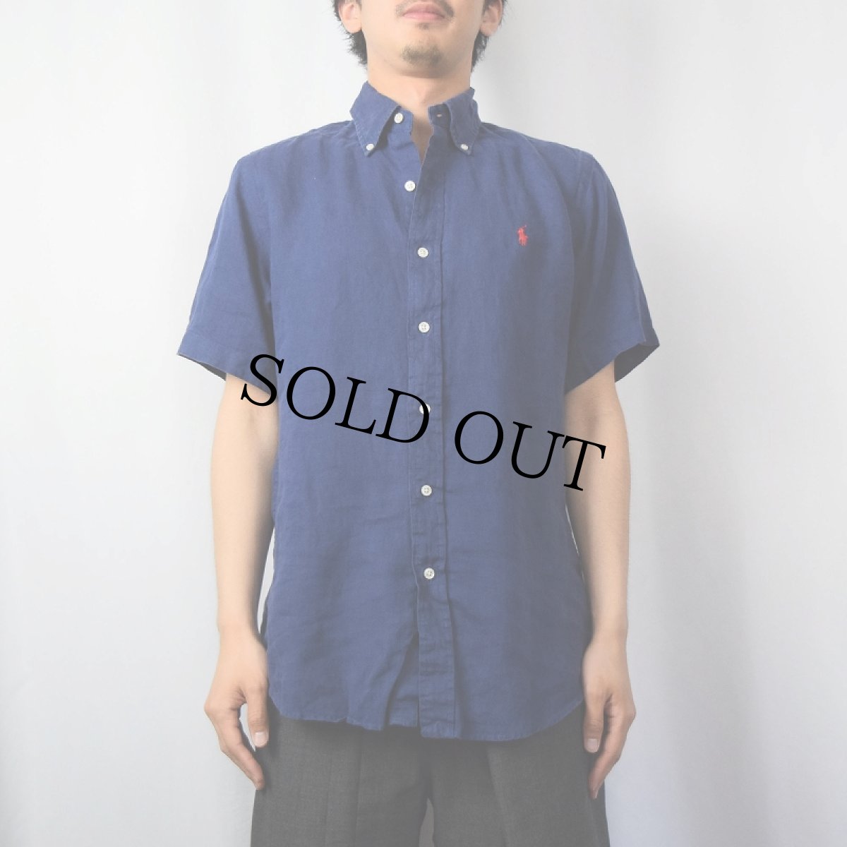 画像2: Ralph Lauren "CUSTOM FIT" ロゴ刺繍 リネンボタンダウンシャツ NAVY L (2)