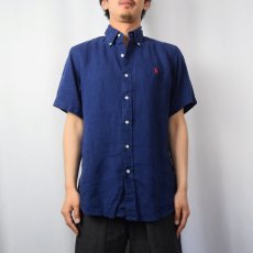 画像2: Ralph Lauren "CUSTOM FIT" ロゴ刺繍 リネンボタンダウンシャツ NAVY L (2)
