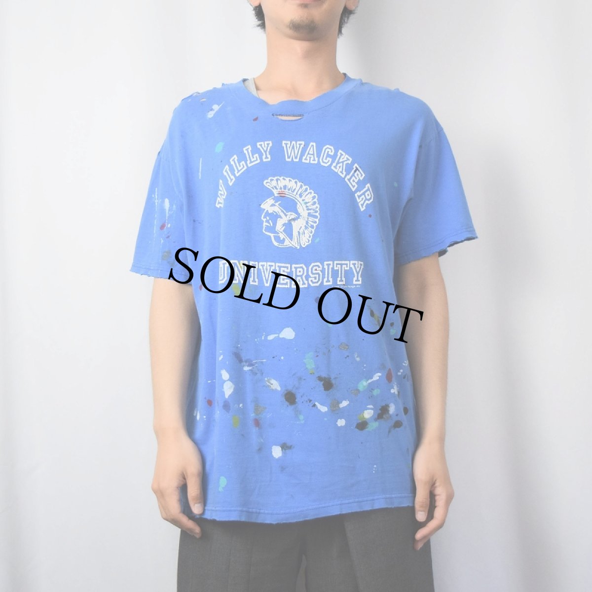 画像2: 90〜2000's "WILLY WACKER UNIVERSITY" ペンキペイント インディアンヘッドプリントTシャツ L (2)
