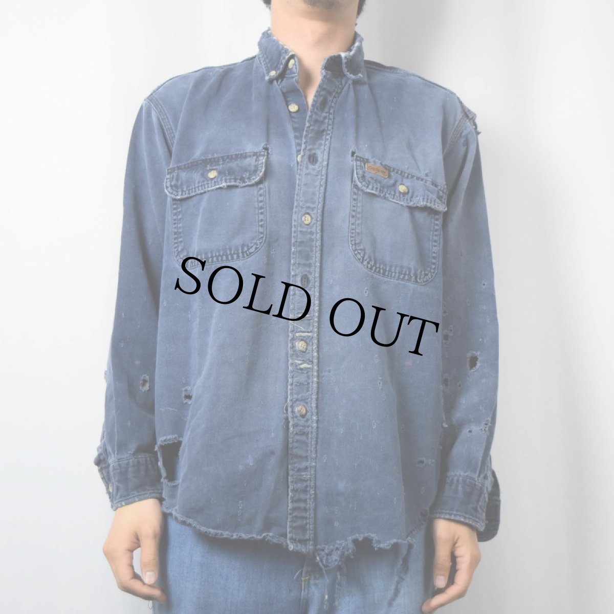 画像2: 2000's Carhartt コットン ボタンダウンワークシャツ NAVY M (2)
