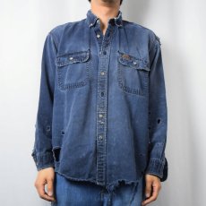 画像2: 2000's Carhartt コットン ボタンダウンワークシャツ NAVY M (2)