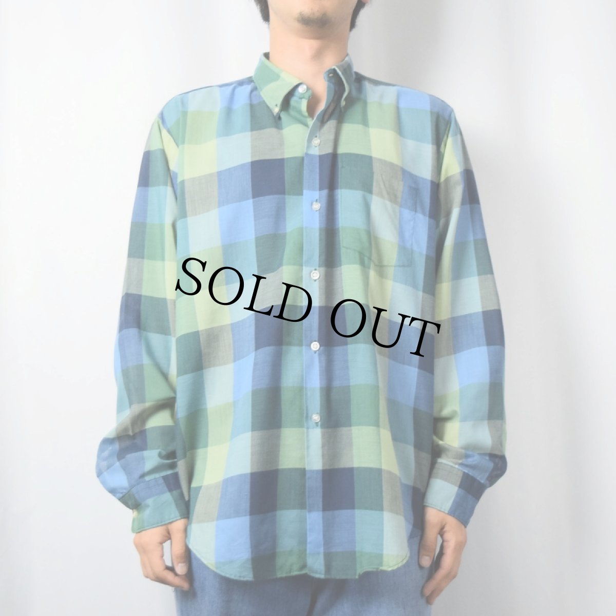 画像2: 60〜70's BRENT チェック柄 ポリエステル×コットン ボタンダウンシャツ L (2)