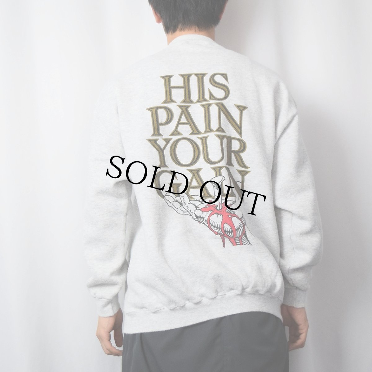 画像4: 90's LORD'S GYM "HIS PAIN YOUR GAIN" ジーザスパロディプリントスウェット L (4)