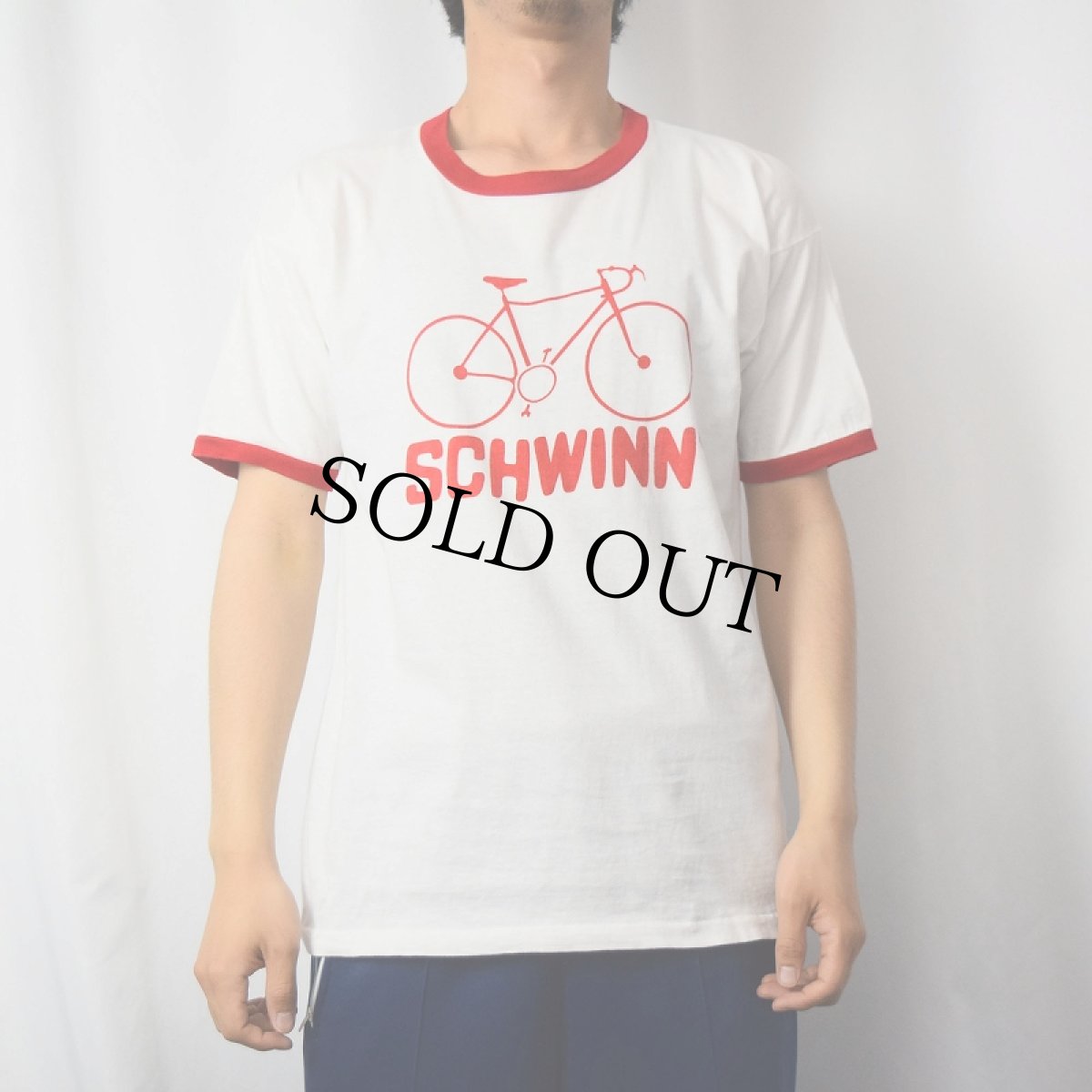 画像2: 70's Champion USA製 バータグ "SCHWINN" 自転車プリントリンガーTシャツ L (2)