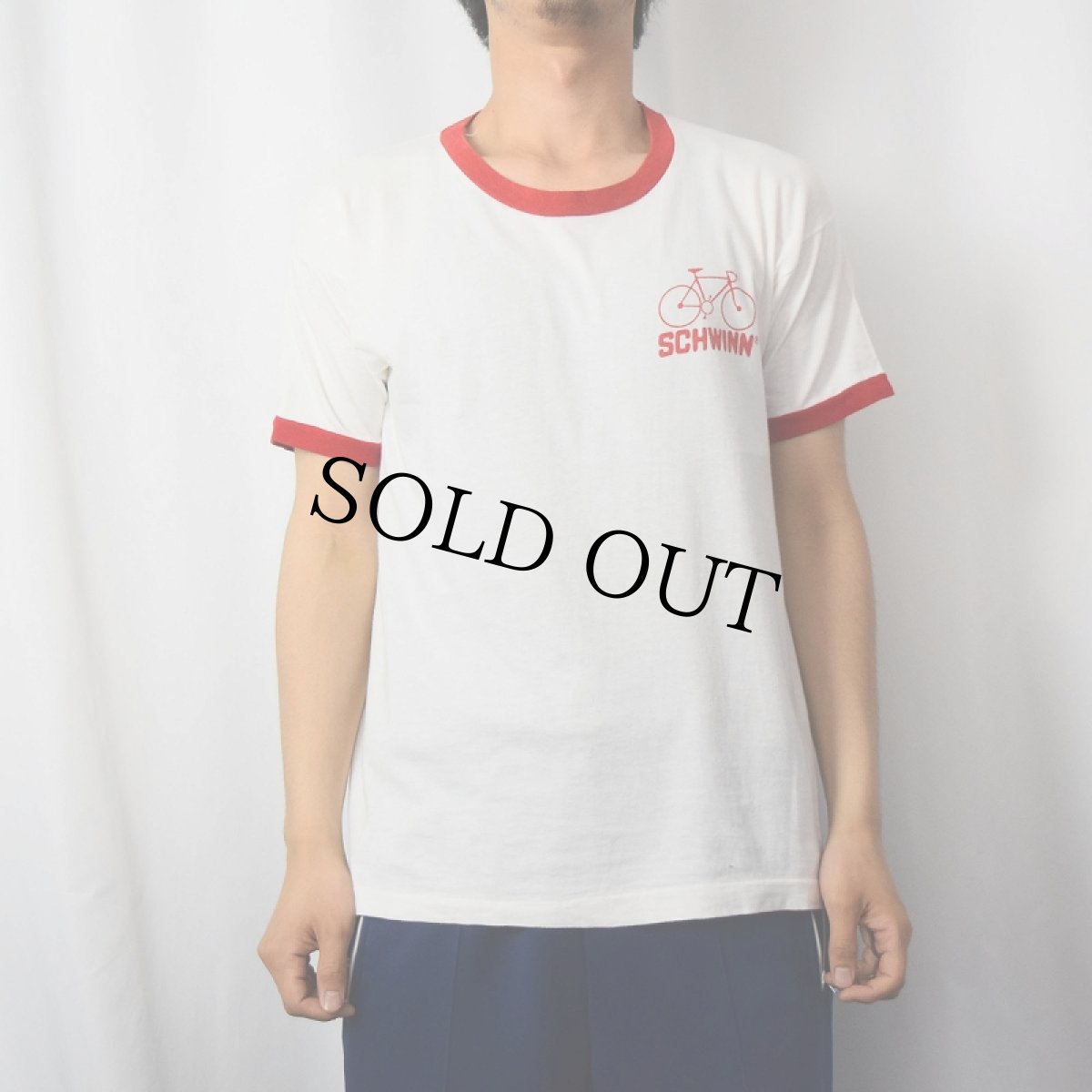 画像2: 70's Champion USA製 バータグ "SCHWINN" 自転車プリントリンガーTシャツ L (2)