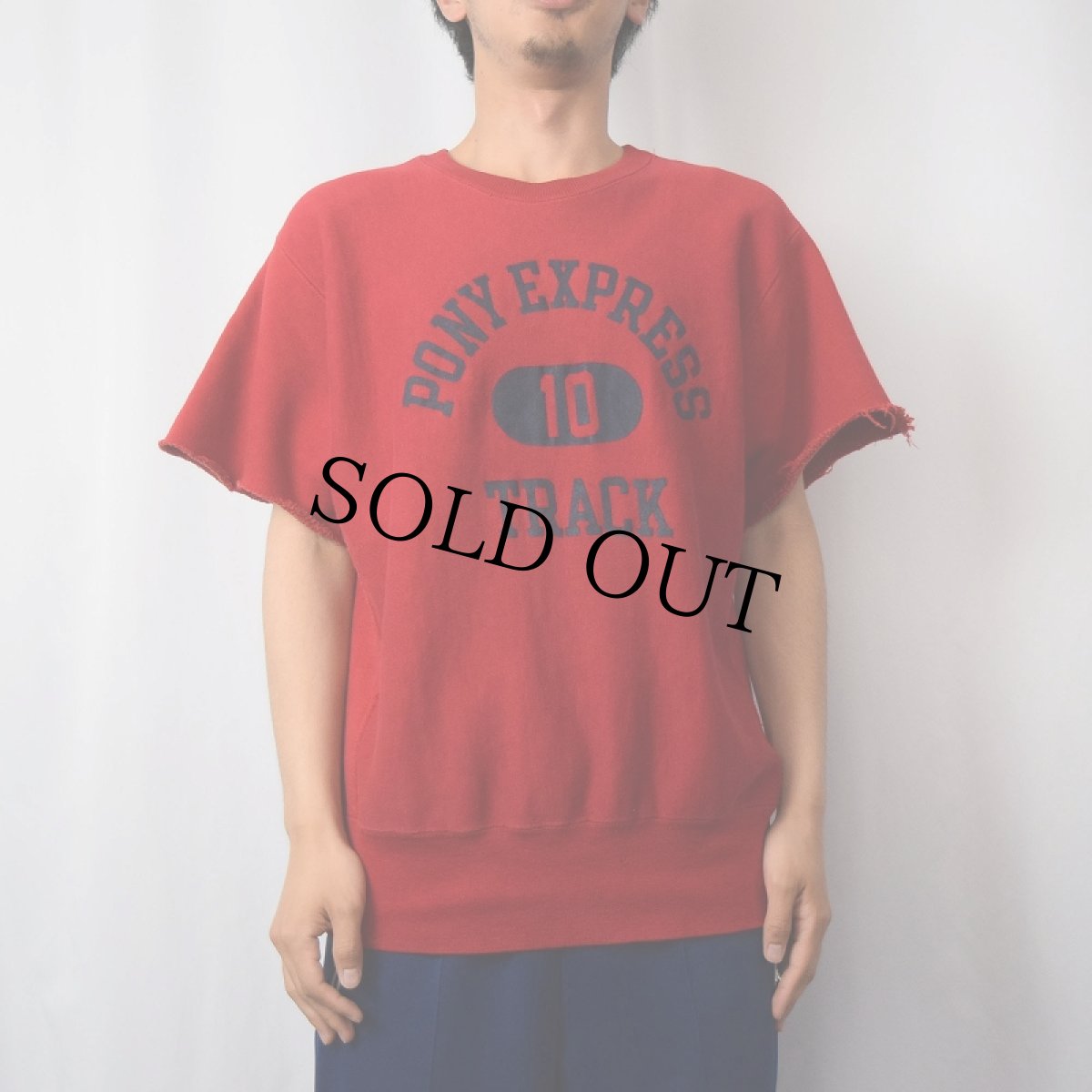 画像2: 70's Champion 赤単色タグ REVERSE WEAVE USA製 "PONY EXPRESS TRACK" カットオフスリーブスウェット M (2)