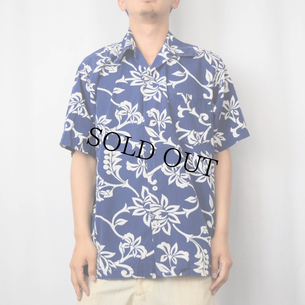 画像2: 60〜70's 花柄 コットンアロハシャツ NAVY L (2)