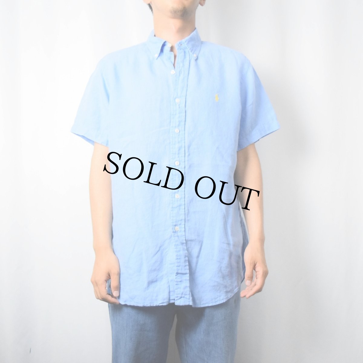 画像2: Ralph Lauren "CLASSIC FIT" ロゴ刺繍 リネン ボタンダウンシャツ M (2)