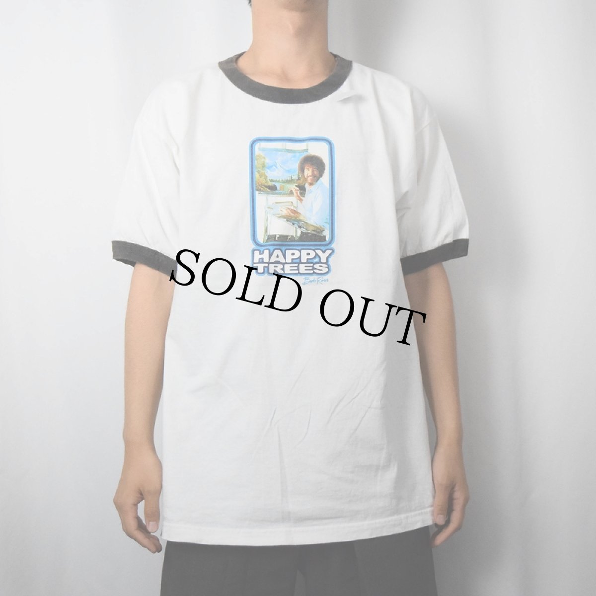 画像2: 2000's Bob Ross "HAPPY TREES" 画家プリントリンガーTシャツ L (2)