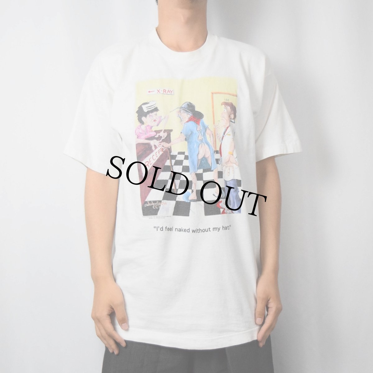 画像2: 90's USA製 "I'd feel naked without my hat!" シュールイラストプリントTシャツ L (2)