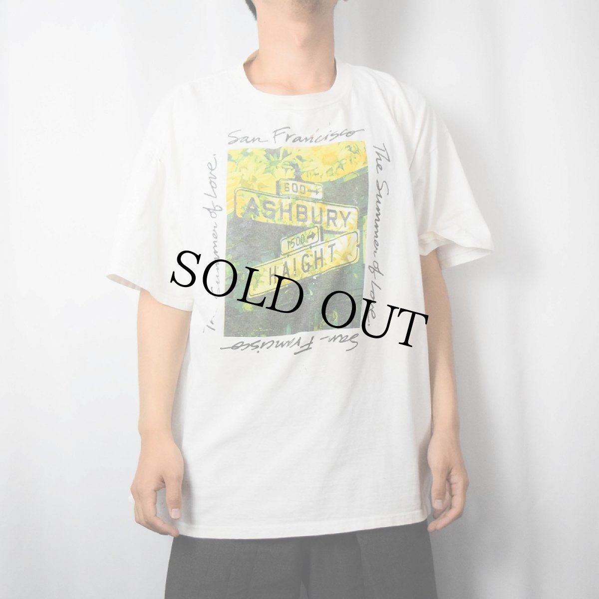 画像2: 90's "ASHBURY HAIGHT" 交差点イラスト 向日葵プリントTシャツ XL (2)
