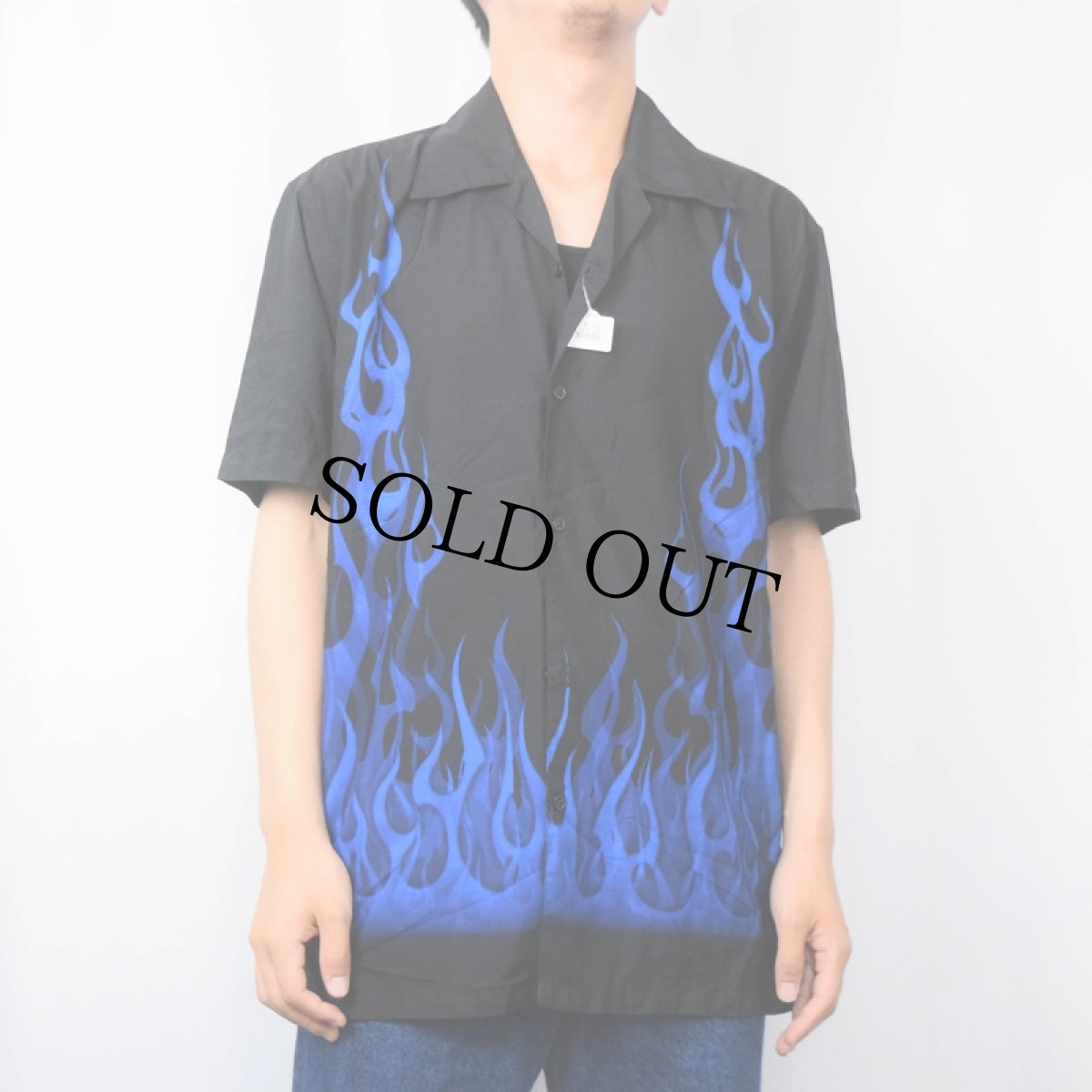 画像2: PRIVATE MEMBER ファイヤーパターン ポリエステルオープンカラーシャツ BLACK M (2)