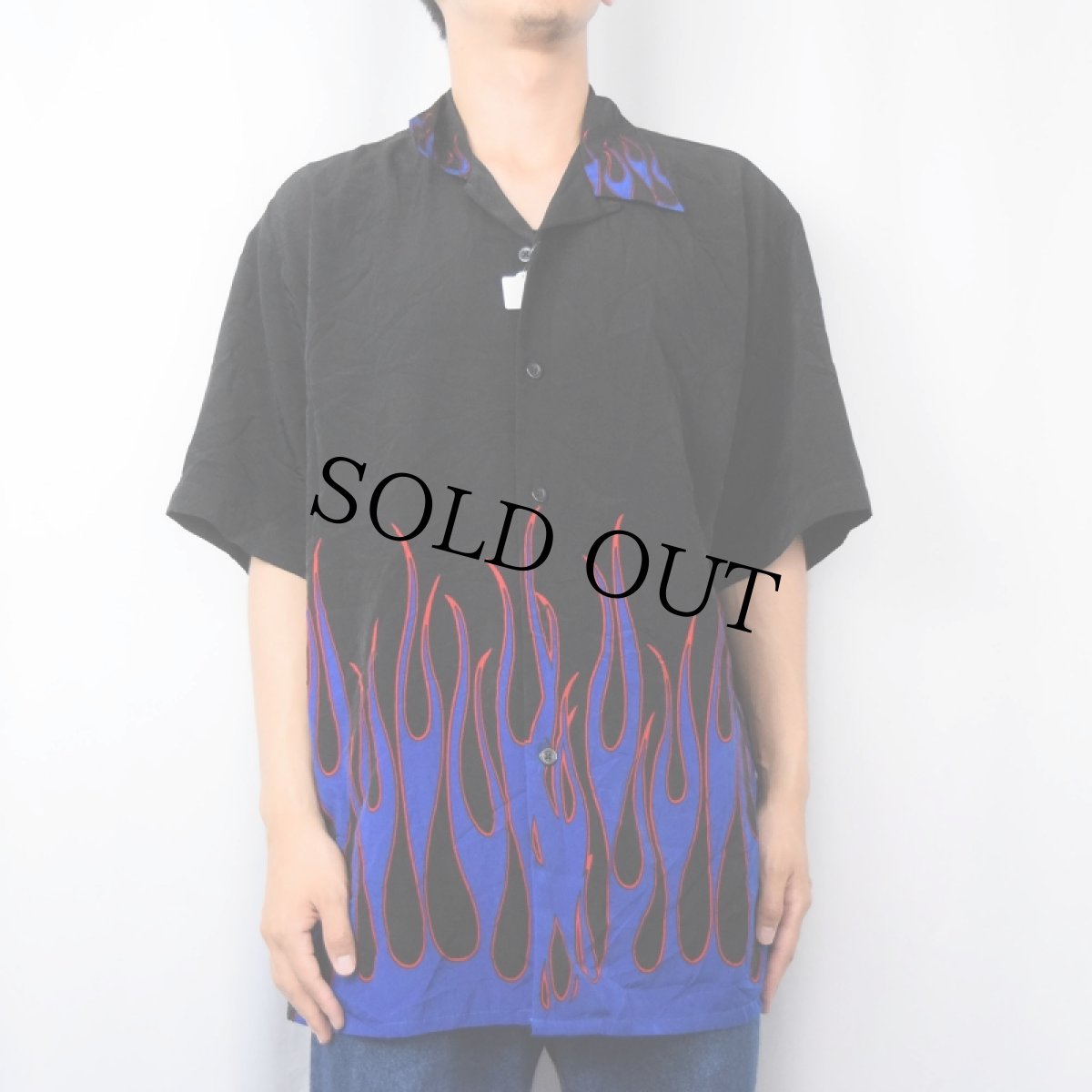 画像2: Sapphire Lounge ファイヤーパターン ポリエステルオープンカラーシャツ BLACK L (2)