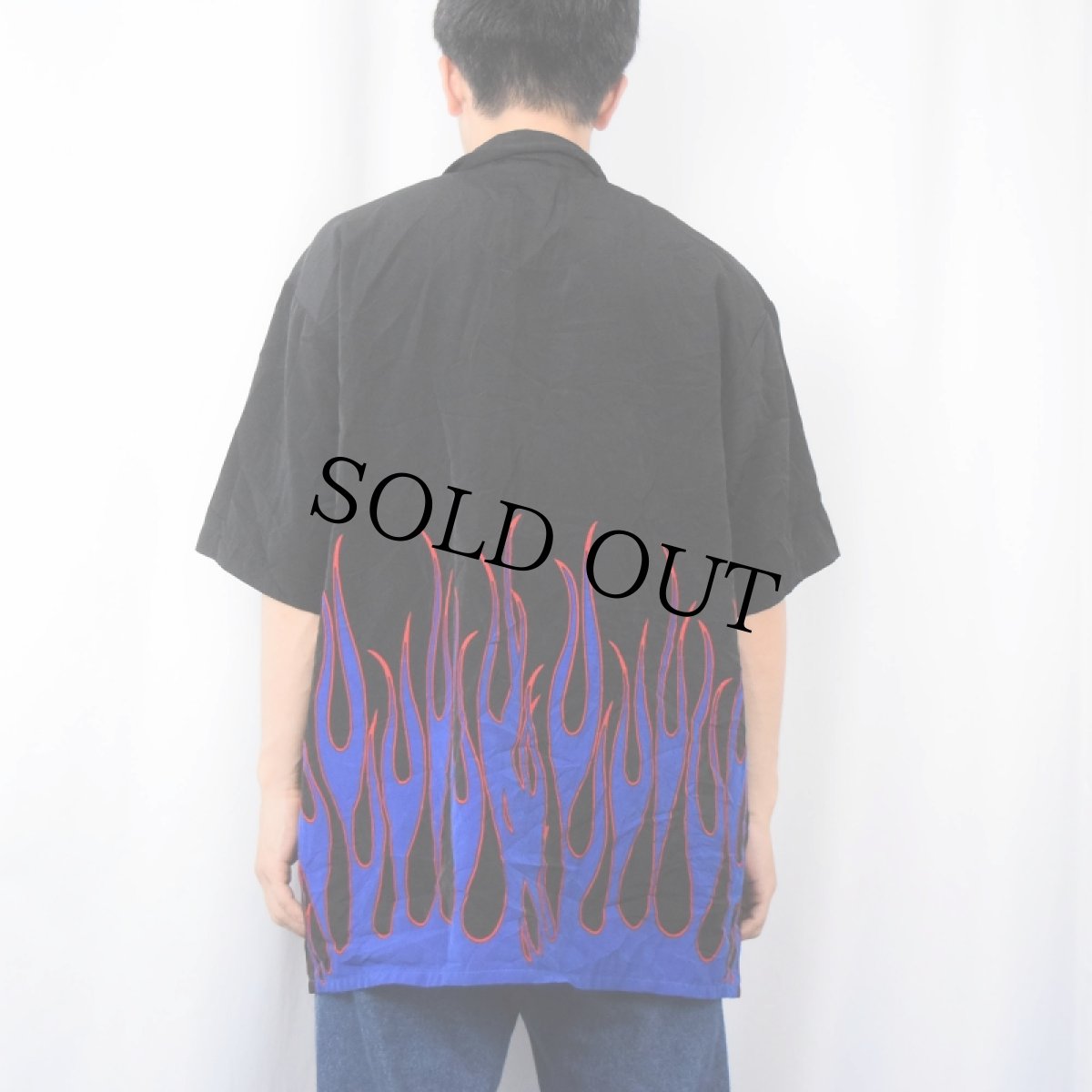 画像3: Sapphire Lounge ファイヤーパターン ポリエステルオープンカラーシャツ BLACK L (3)