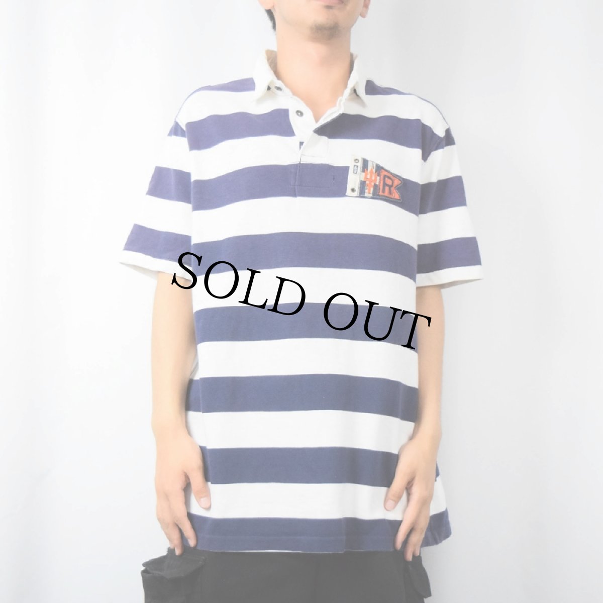 画像2: POLO Ralph Lauren "CUSTOM FIT" ボーダー柄 フラッグパッチ付きポロシャツ XL (2)