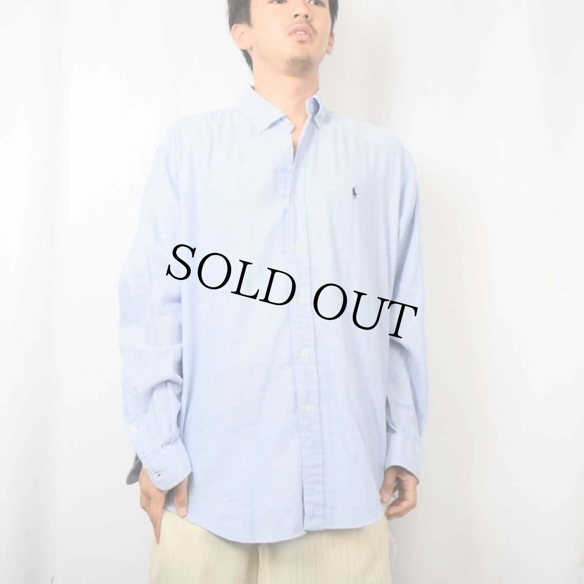 画像2: Ralph Lauren "BLAKE" ロゴ刺繍 ヘリンボーンツイル コットンリネンボタンダウンシャツ M (2)