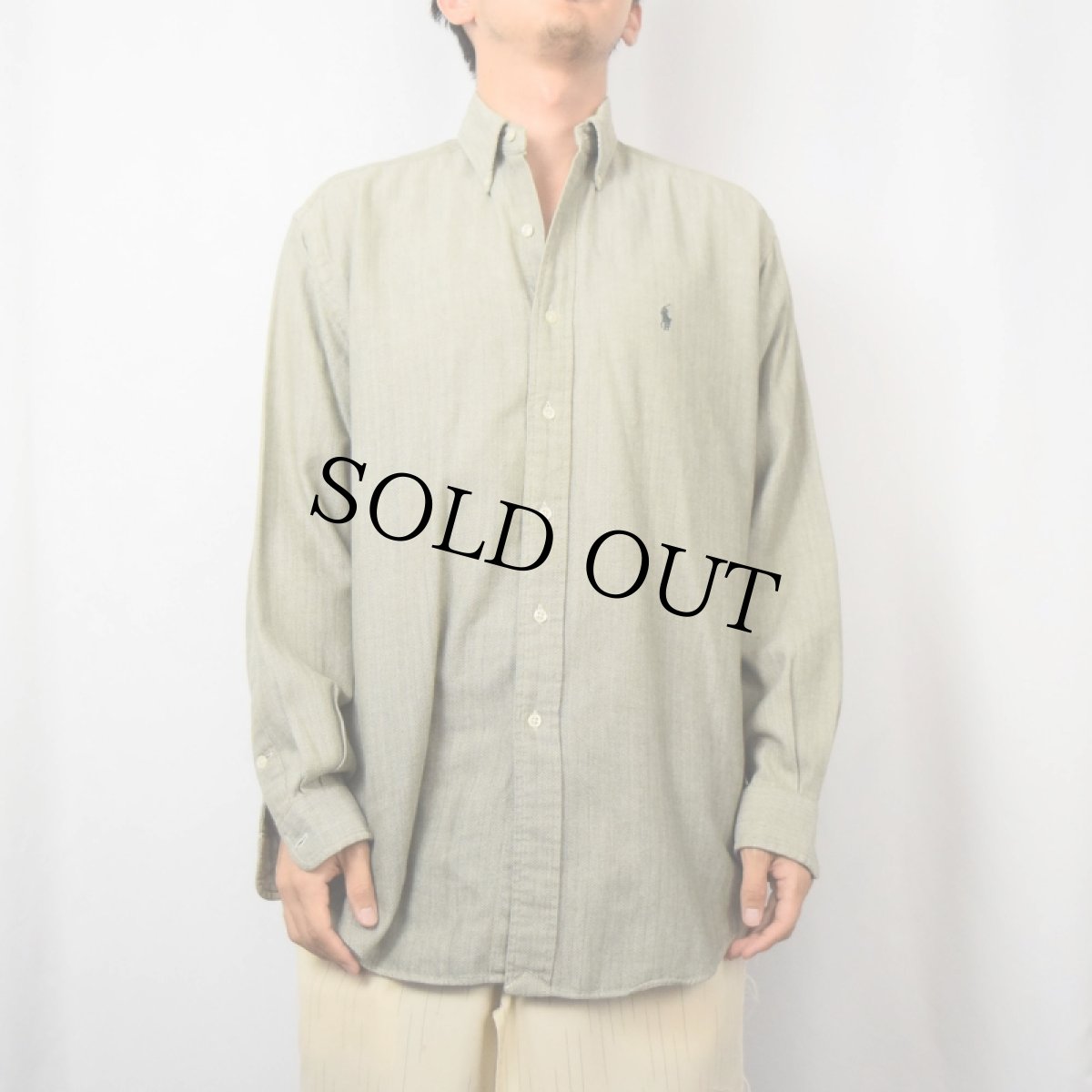 画像2: Ralph Lauren "BLAKE" ロゴ刺繍 ヘリンボーンツイル コットンボタンダウンシャツ S (2)