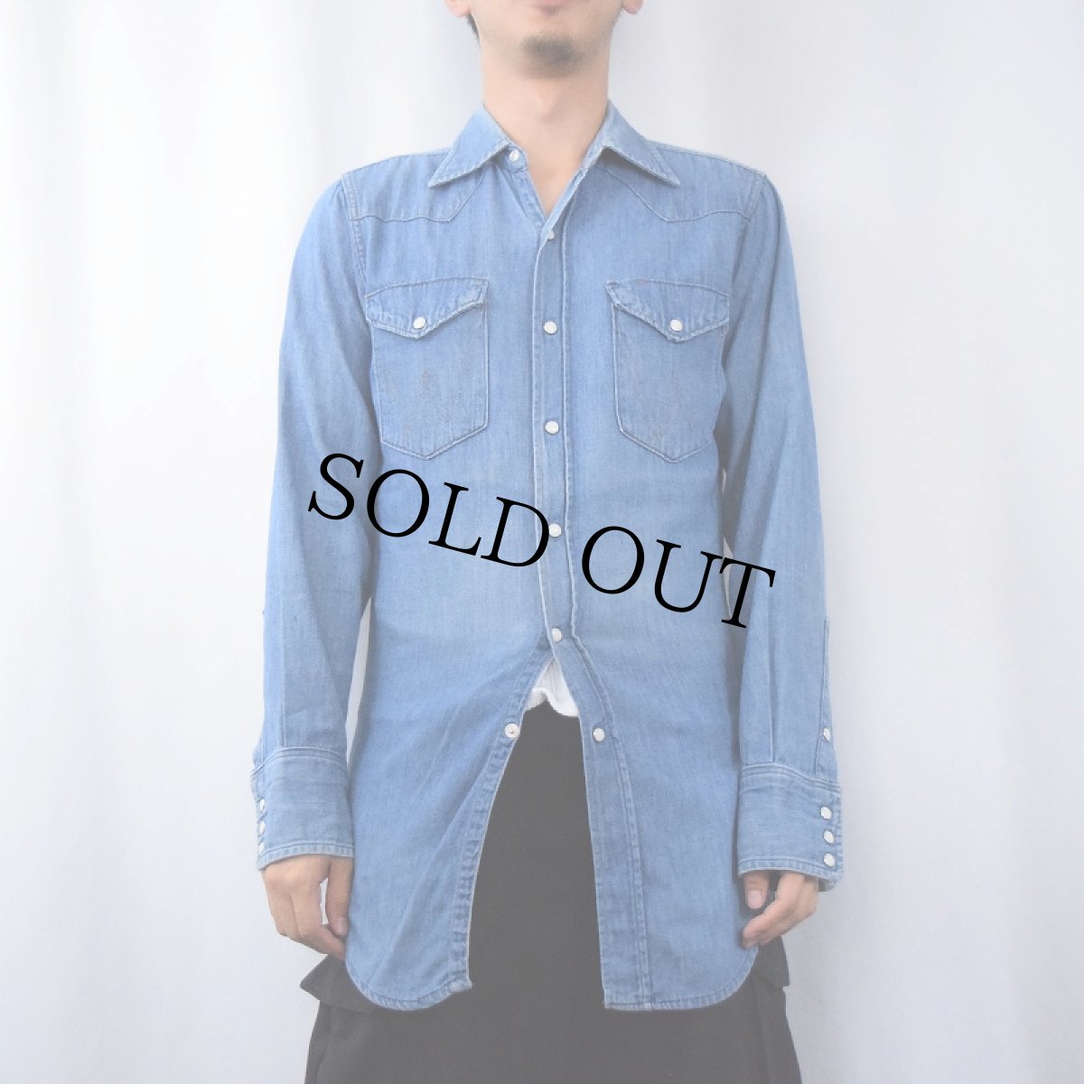 画像2: 70's Wrangler USA製 白タグ デニムウエスタンシャツ SIZE14 1/2-33 (2)