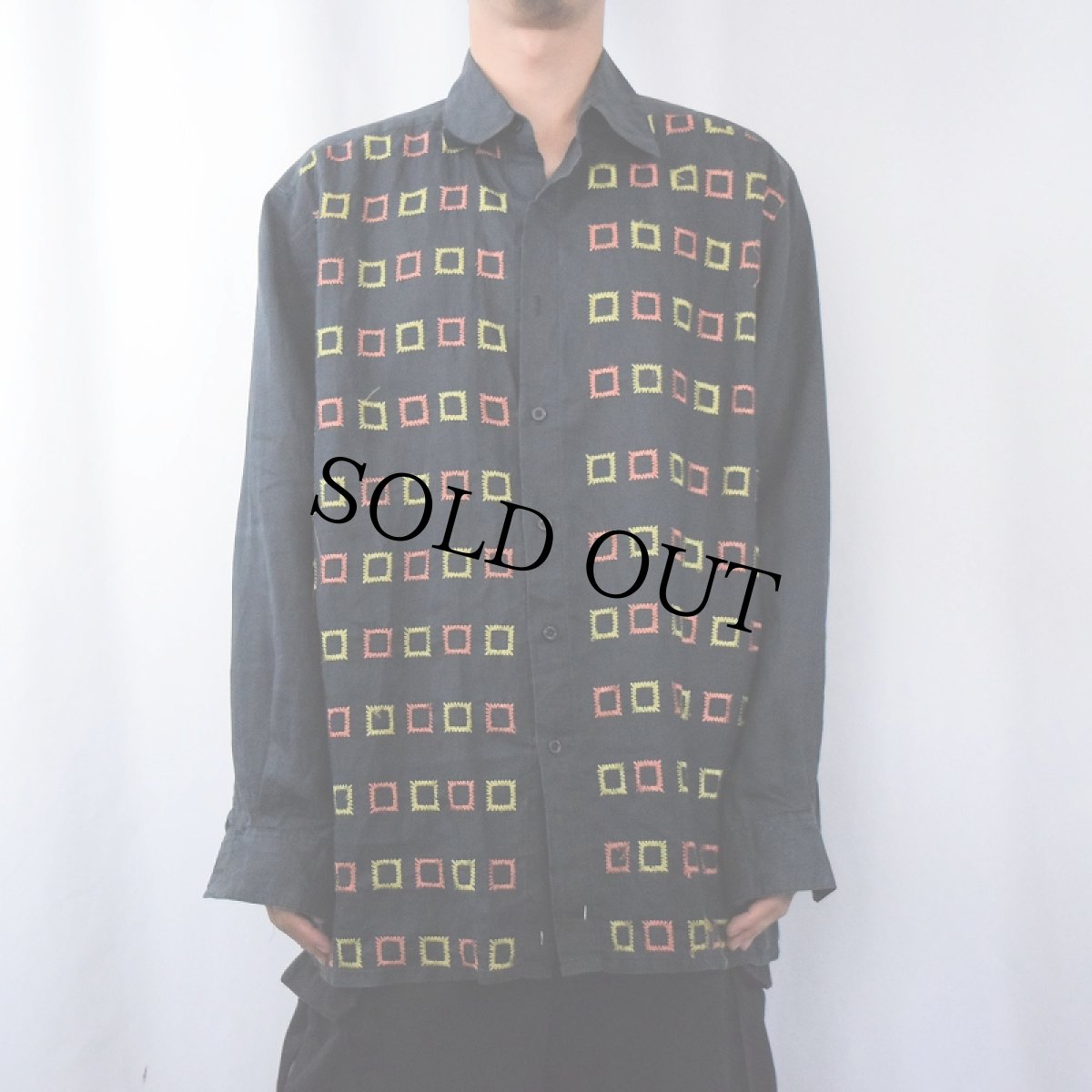 画像2: 【SALE】 VENEZZI 柄織り リネンシャツ BLACK L (2)