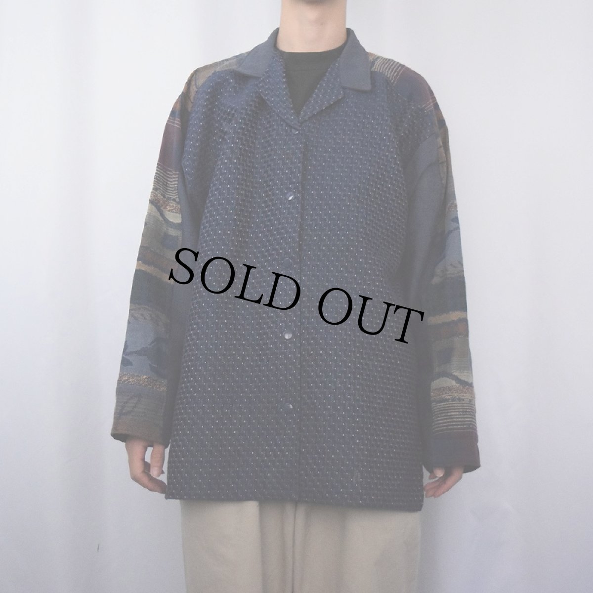 画像2: 90's VILLA FACTORY 柄織り スナップボタン オープンカラーシャツ NAVY (2)