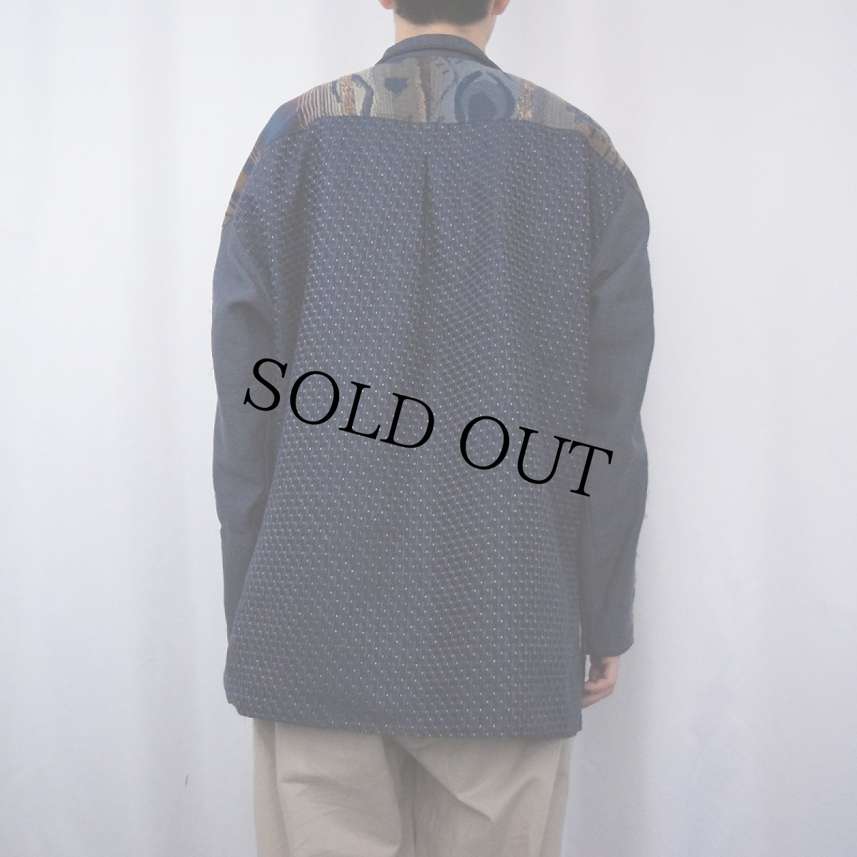 画像3: 90's VILLA FACTORY 柄織り スナップボタン オープンカラーシャツ NAVY (3)