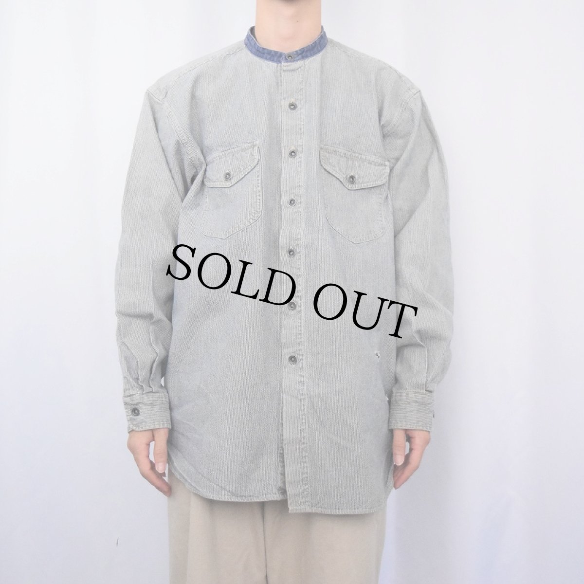 画像2: 90's〜 Ralph Lauren RRL 三ツ星 ヒッコリーストライプ柄 バンドカラーワークシャツ XL (2)