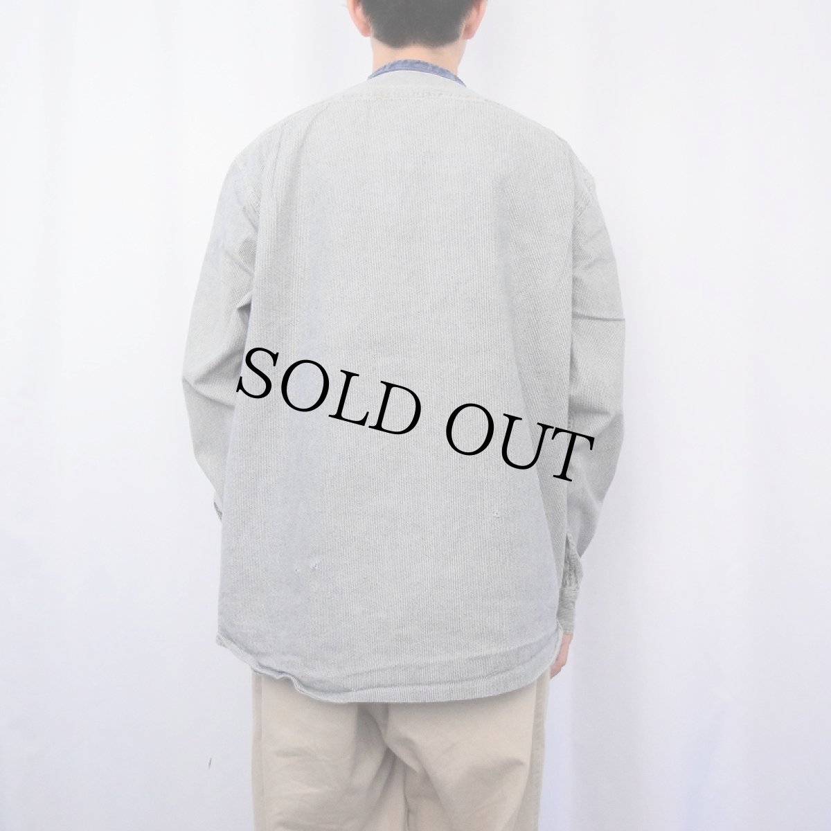 画像3: 90's〜 Ralph Lauren RRL 三ツ星 ヒッコリーストライプ柄 バンドカラーワークシャツ XL (3)