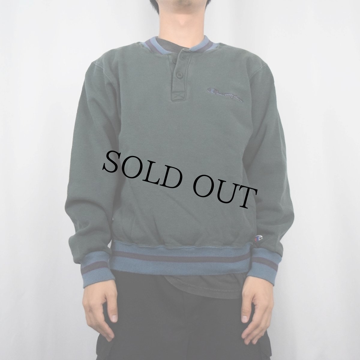 画像2: 90's Champion USA製 ヘンリーネック リブボーダースウェット M (2)