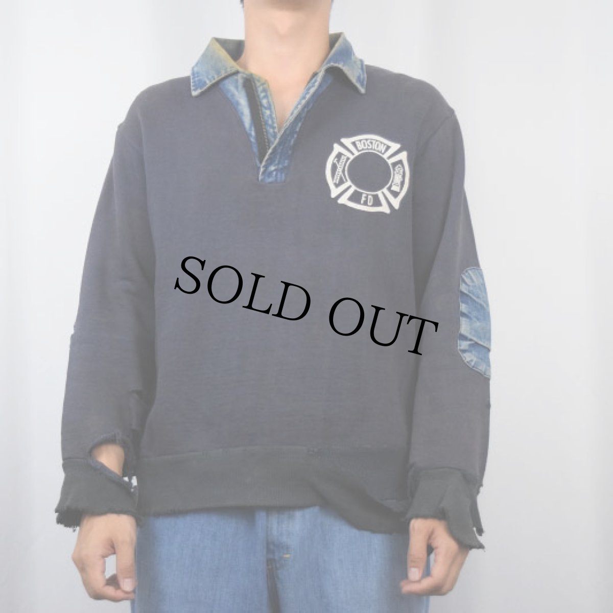 画像2: 60's RUBIN BROTHERS "BOSTON FD" デニム切り替え ハーフジップスウェット (2)