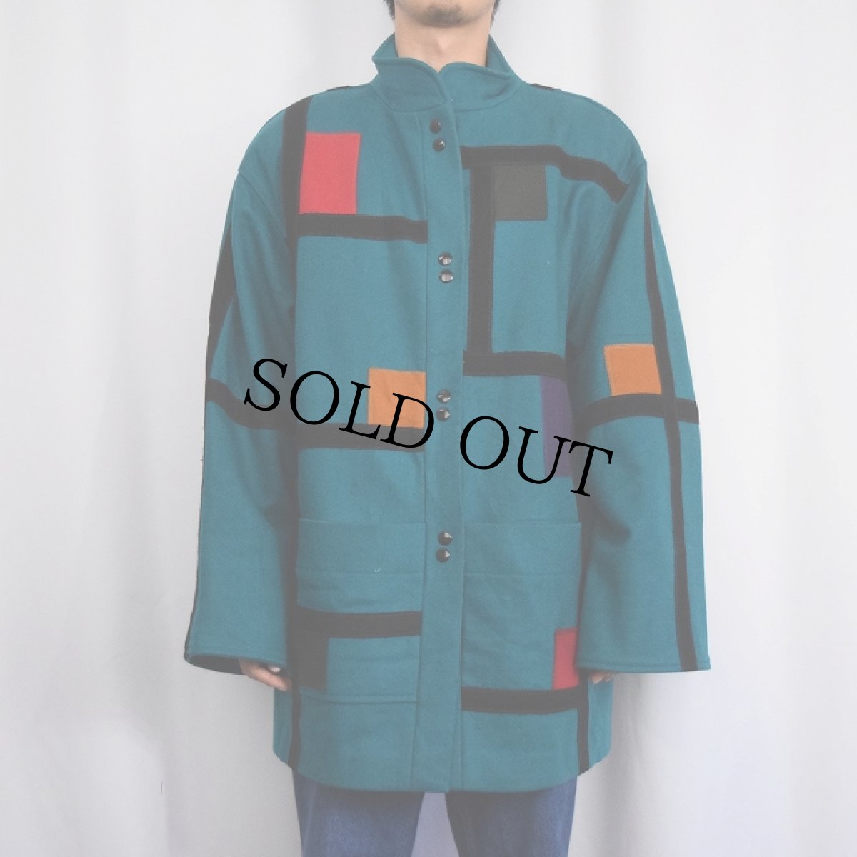 画像2: INTERNATIONAL SCENE モンドリアンパターン ウールコート SIZE13/14 (2)
