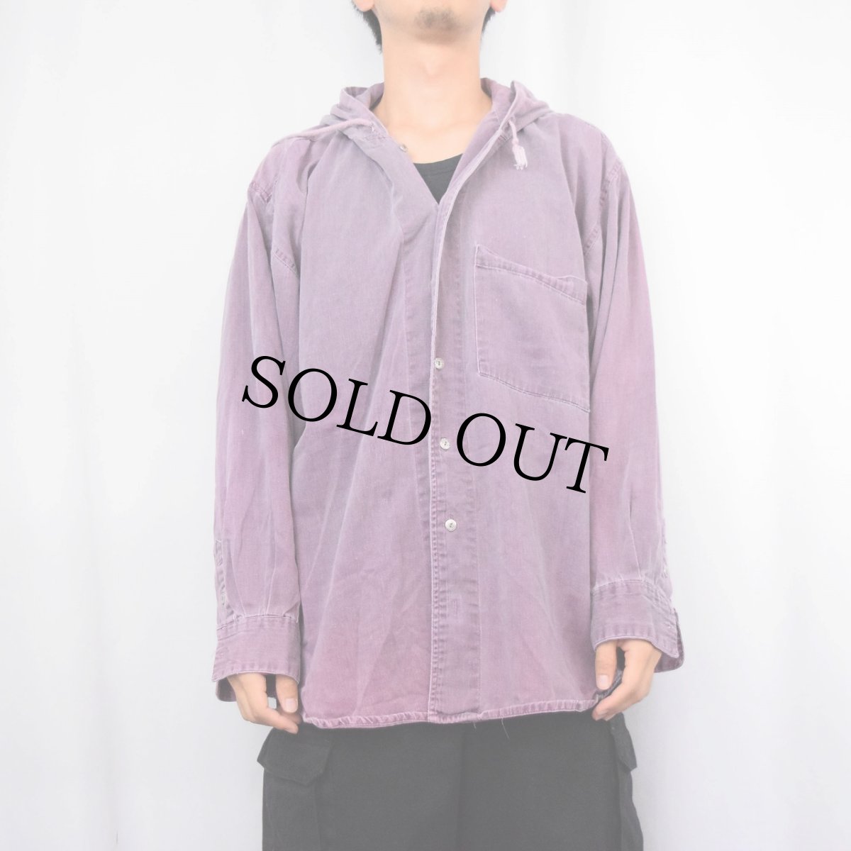 画像2: 90's RHINOCEROS オーバーダイ フード付きコットンシャツ L (2)