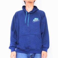 画像2: 90's NIKE 銀タグ 2連ロゴ刺繍 ラグランスウェットフーディ NAVY L (2)