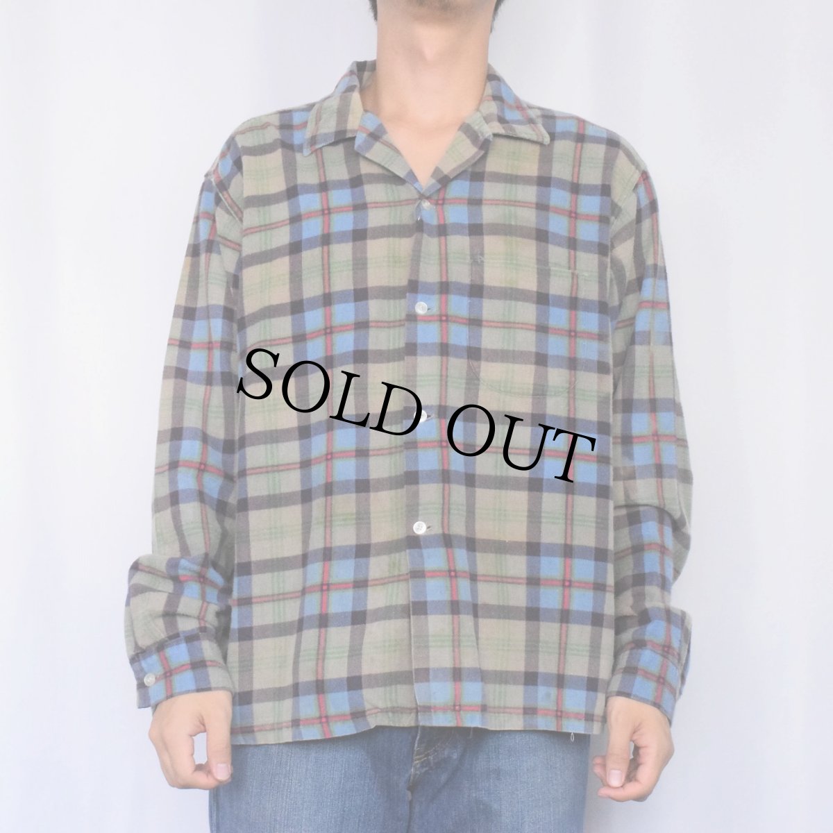 画像2: 60's HUNTERS LANE USA製 チェック柄 オープンカラープリントネルシャツ L (2)