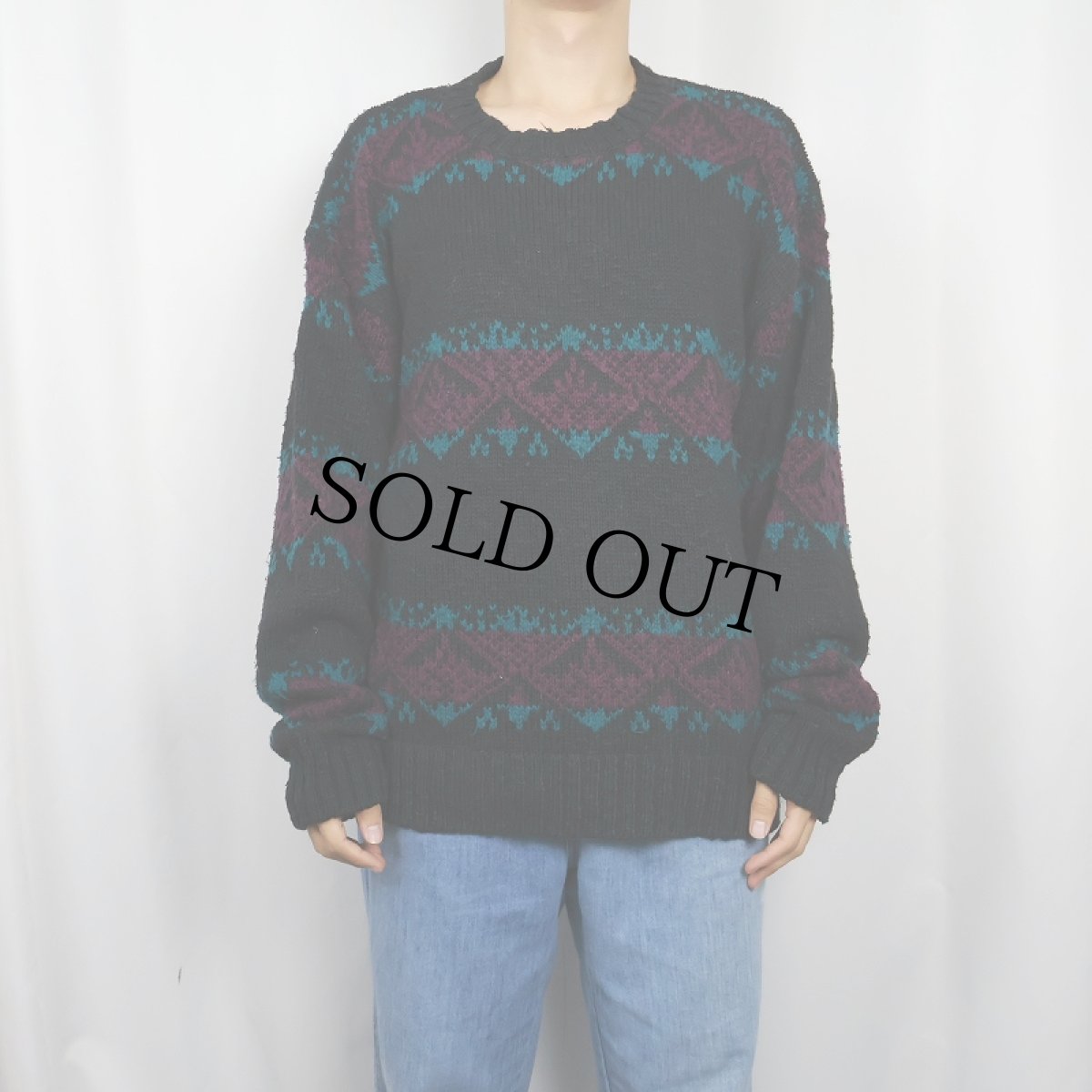 画像2: 80〜90's Eddie Bauer 総柄 コットンニットセーター BLACK XL (2)