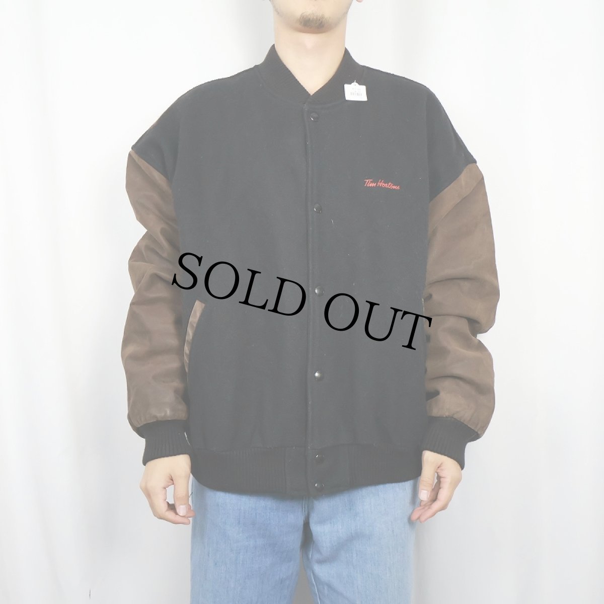 画像2: 90's〜 WEAR&TEAR "Tim Hortons" コーヒーチェーン刺繍 メルトン×レザー スタジャン BLACK XL (2)