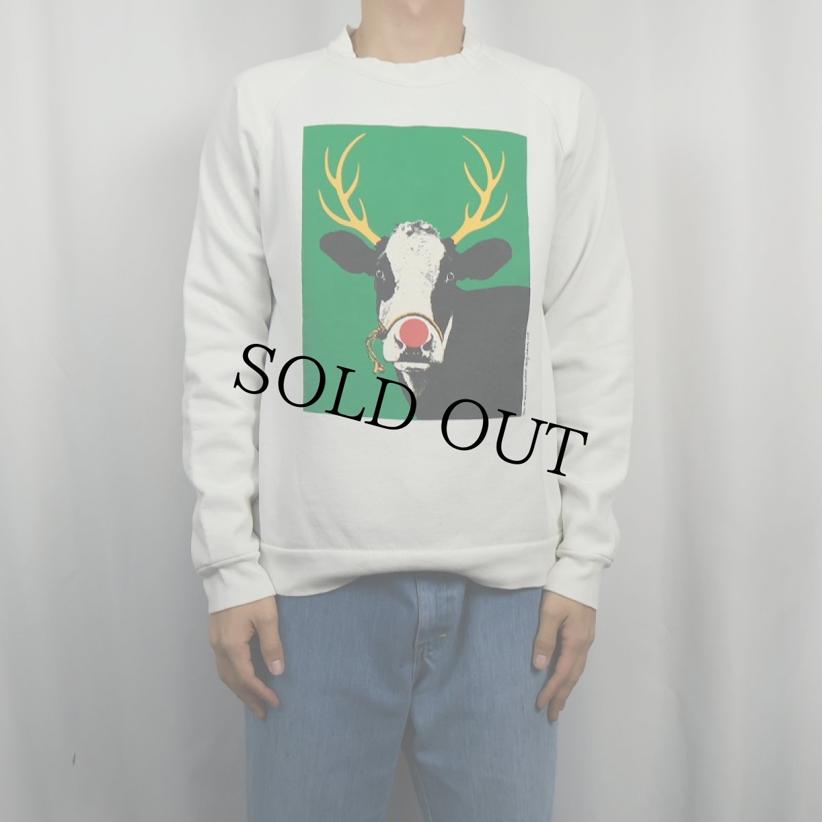 画像2: 80's USA製 牛イラストプリントラグランスウェット L (2)