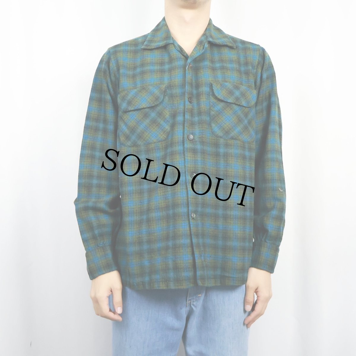 画像2: 50's Pendleton チェック柄 ウールオープンカラーシャツ M (2)