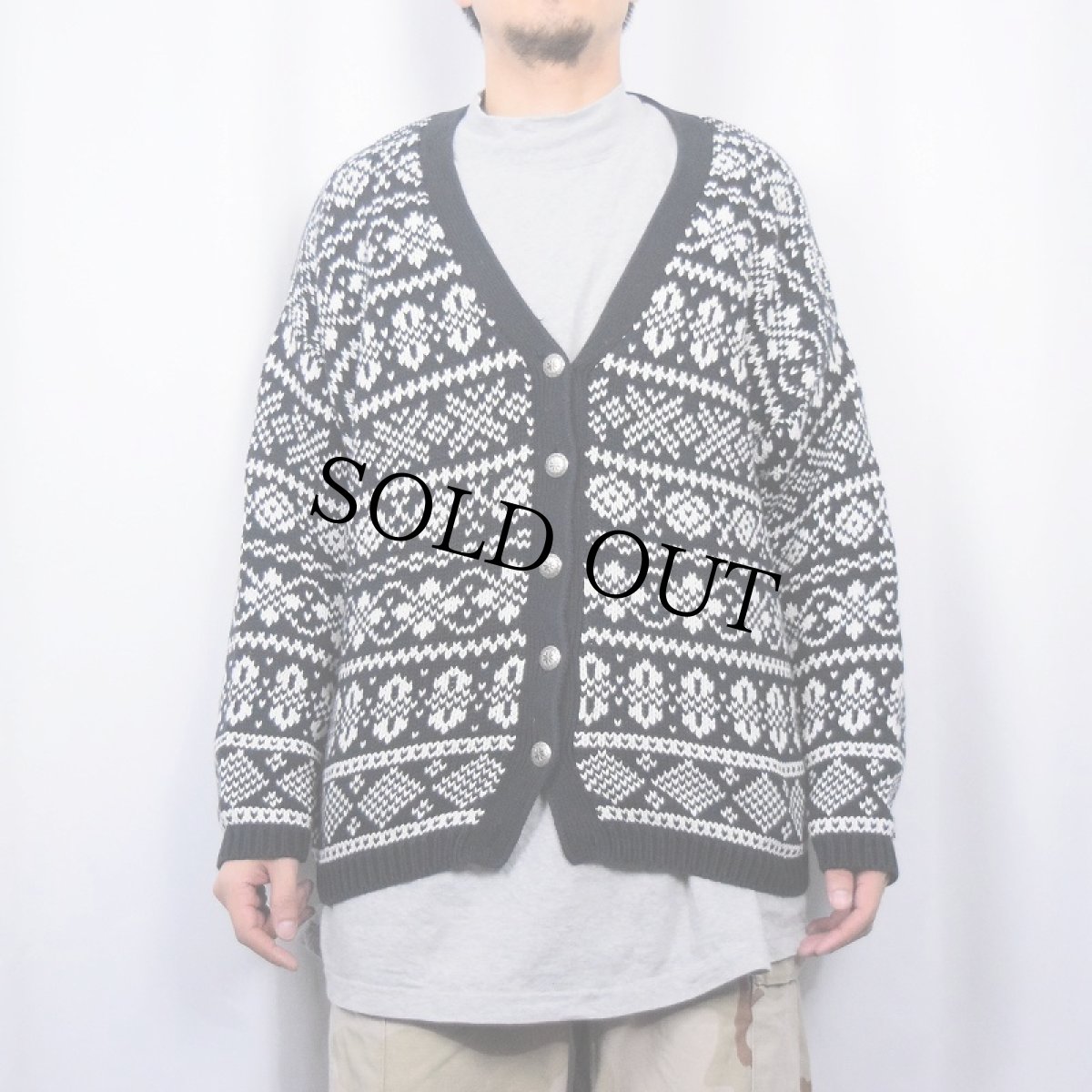 画像2: 90's GAP UK製 フェアアイル柄 コットンニットカーディガン L (2)
